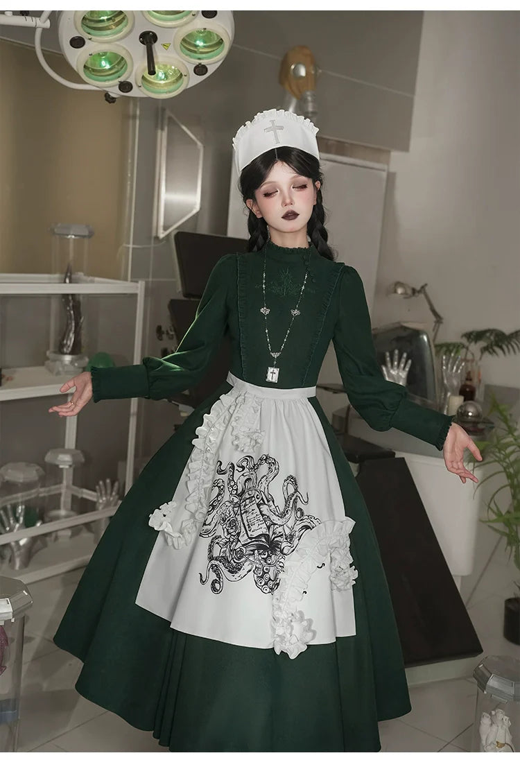 Abyss Clinic - Gothic Lolita Green Dress Set, Embroidery Accent - image 27