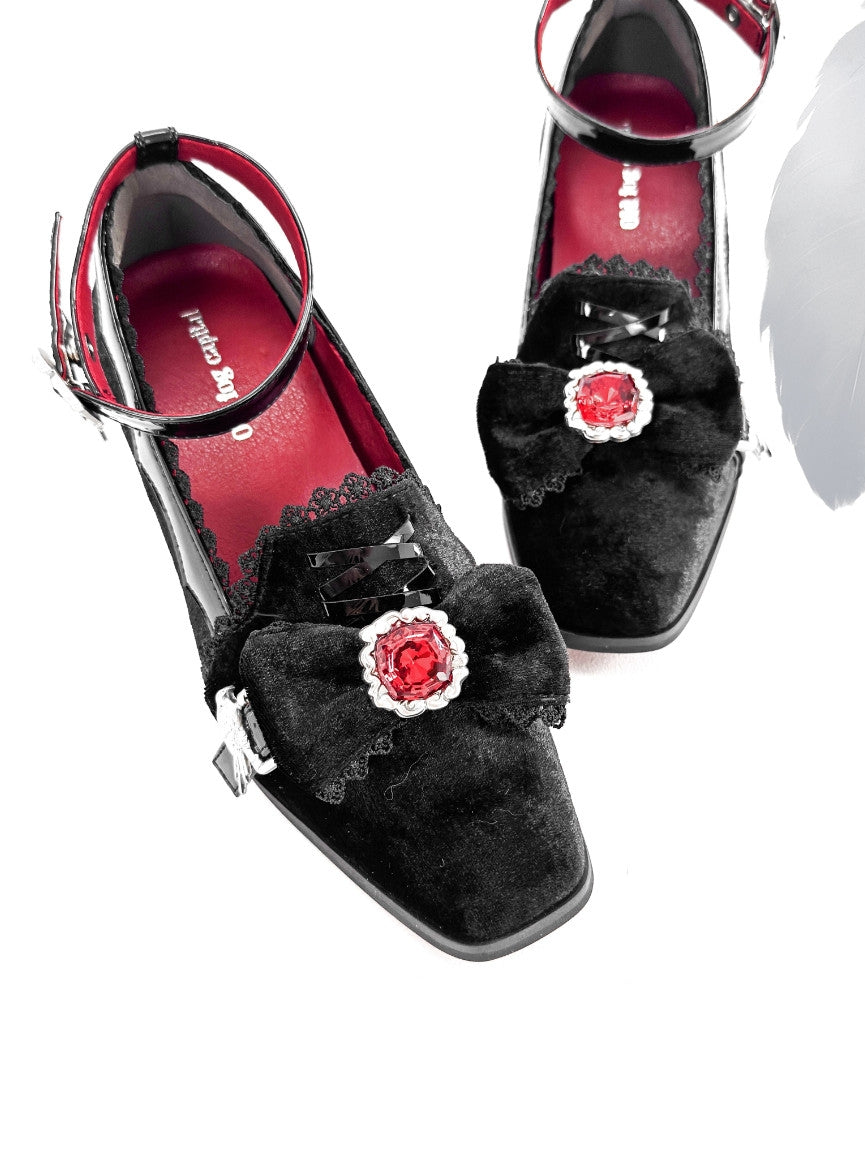 Night Banquet - Gothic Lolita Square-Toe Shoes with Ruby Bow - image 4