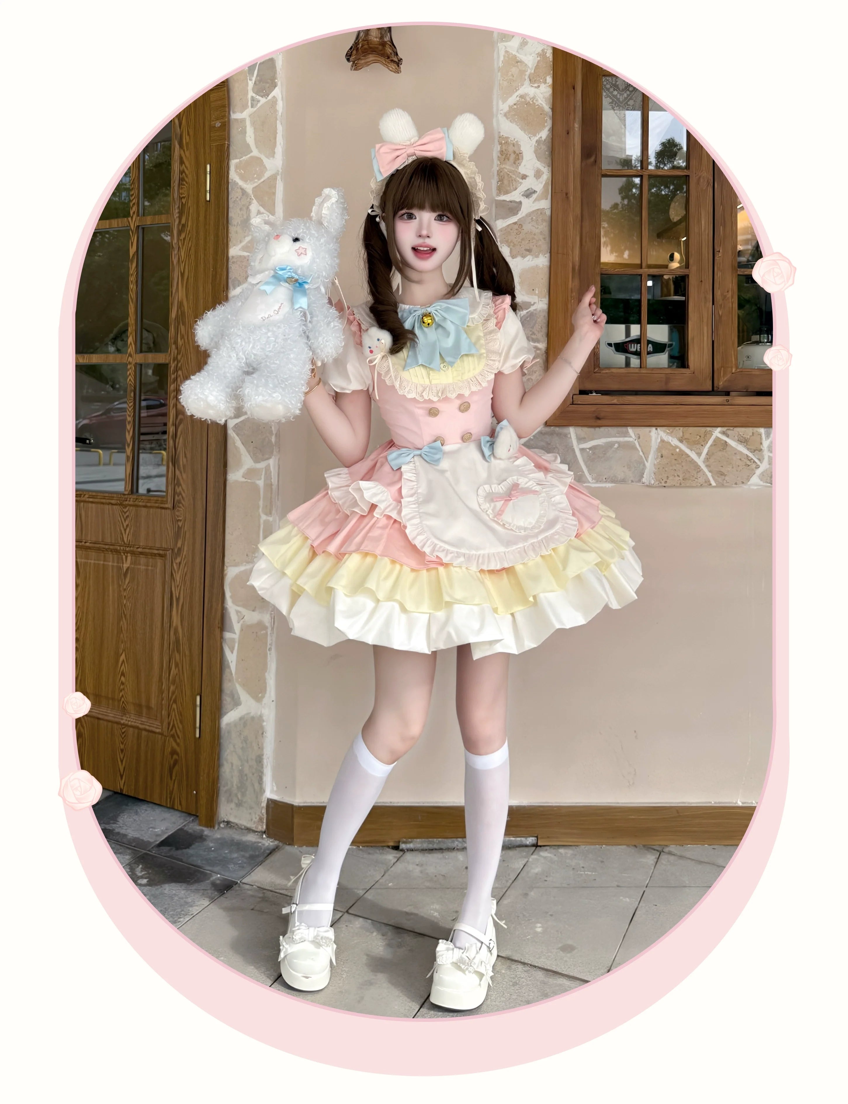 Cream Puff - Sweet Lolita Apron OP Dress, Bunny & Bear Details - image 5
