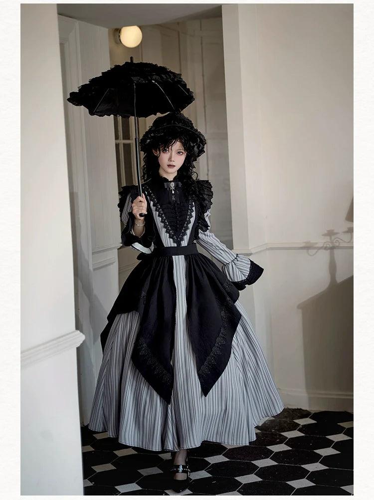 Nocturne SP - Striped Gothic Lolita OP Twin Lolita Dress with Apron and Accessories - image 13