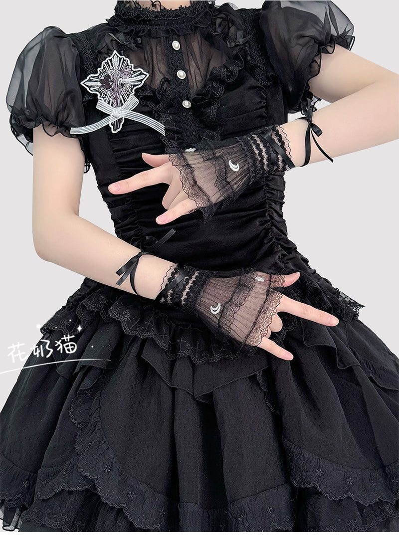 Star and Moon - Bridal Lolita Cuffs White and Black Ballet Style Lace Cuffs - image 7