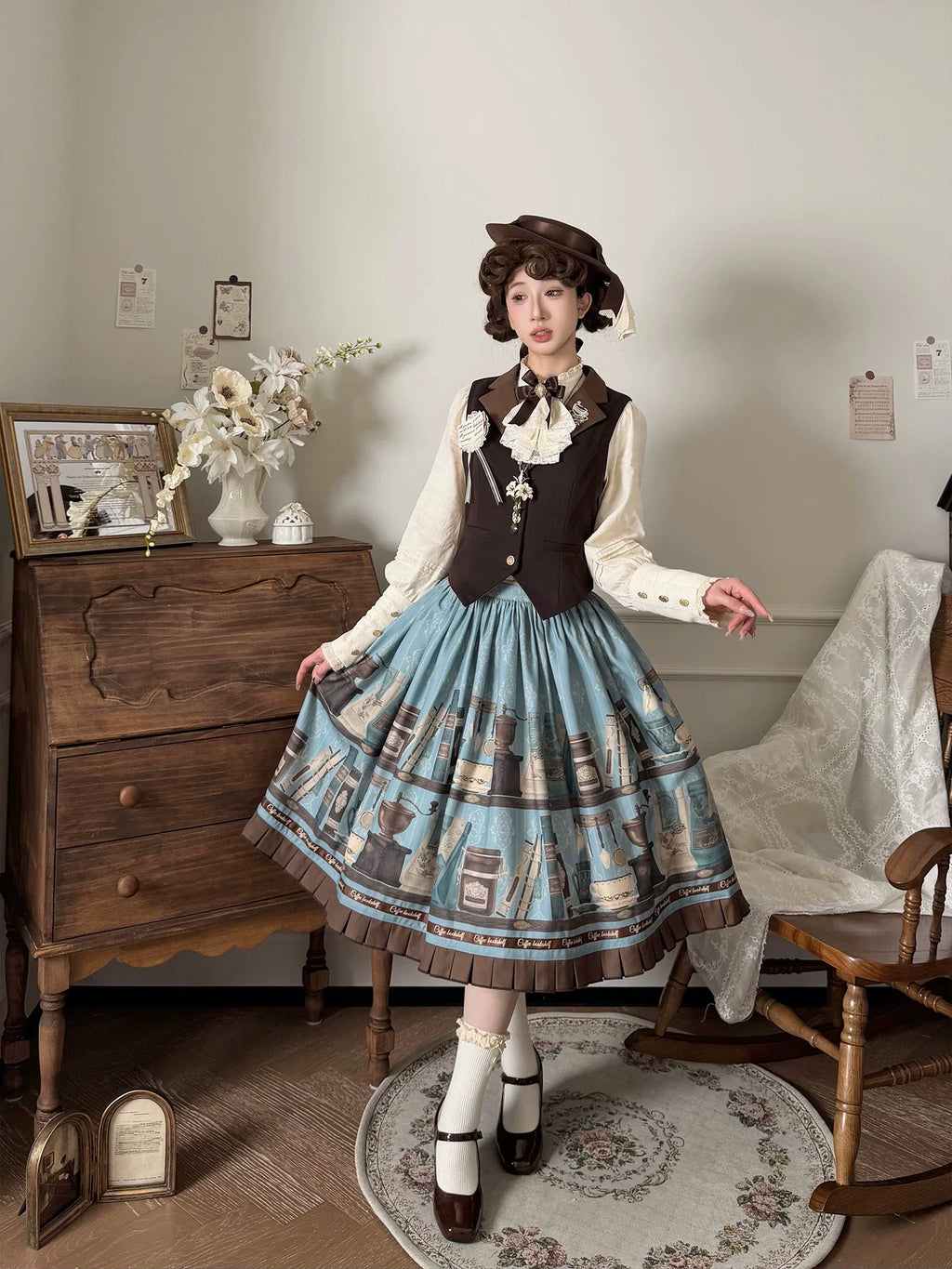 Coffee Bookshelf - Classic Lolita JSK and SK Set, Coffee Cup and Book Print - image 1
