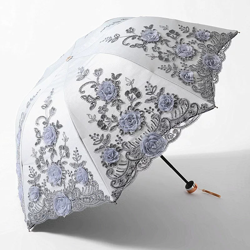 Foldable Lolita Parasol, Floral and Embroidery Detail - image 7