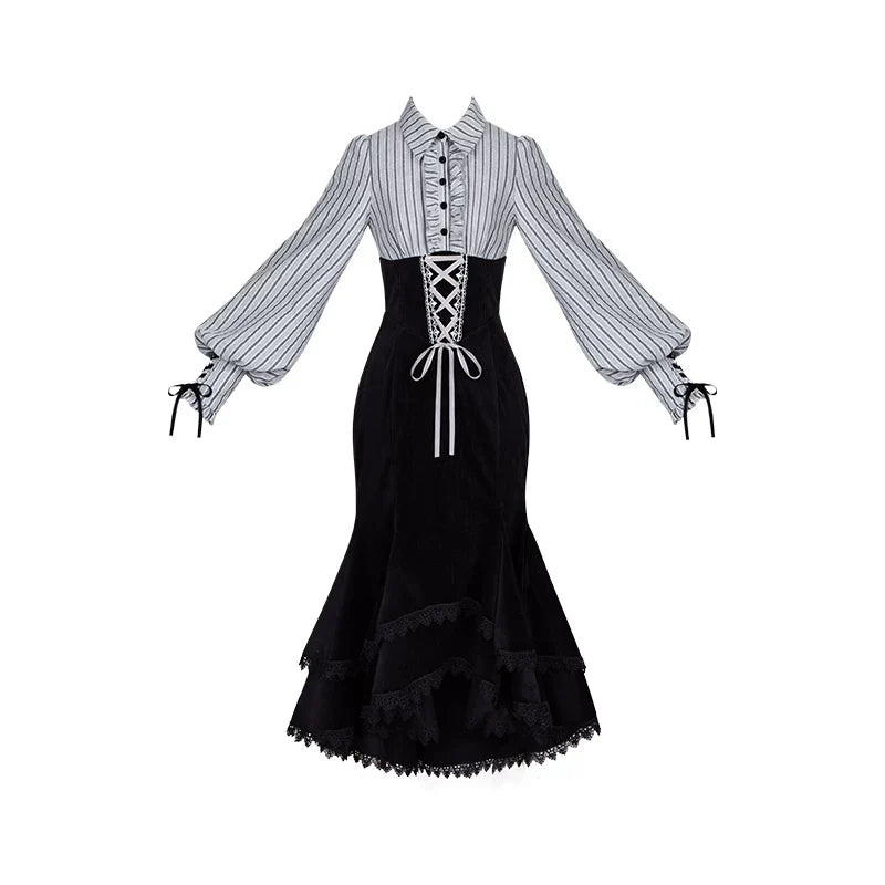 Dusk Moment - Classic Lolita Striped OP & Mermaid Dress Set, Fishbone Waist - image 29