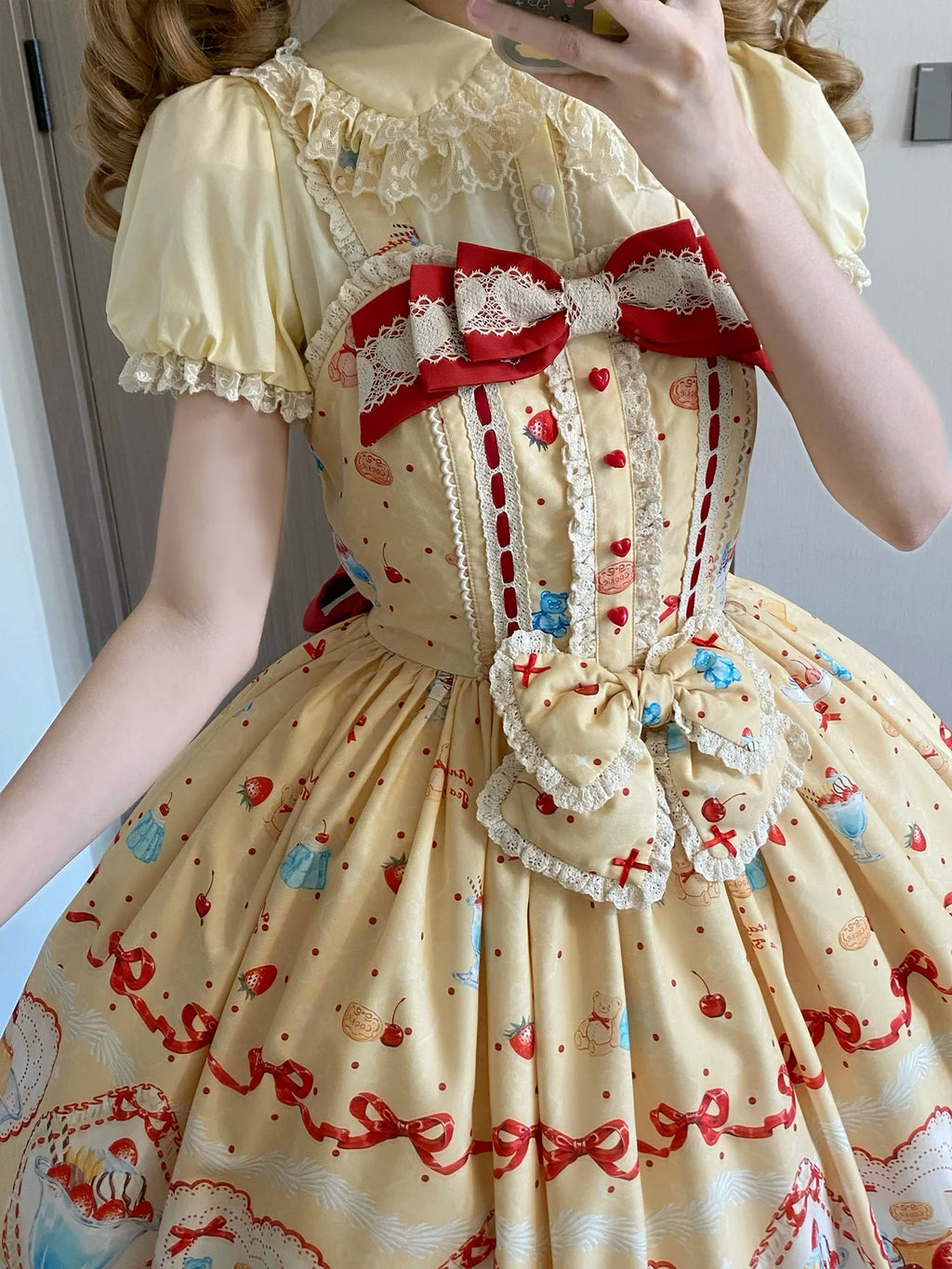 Showa Dessert Showcase - Kawaii Lolita JSK/Salopette Dress Suit, Pudding-Inspired - image 12