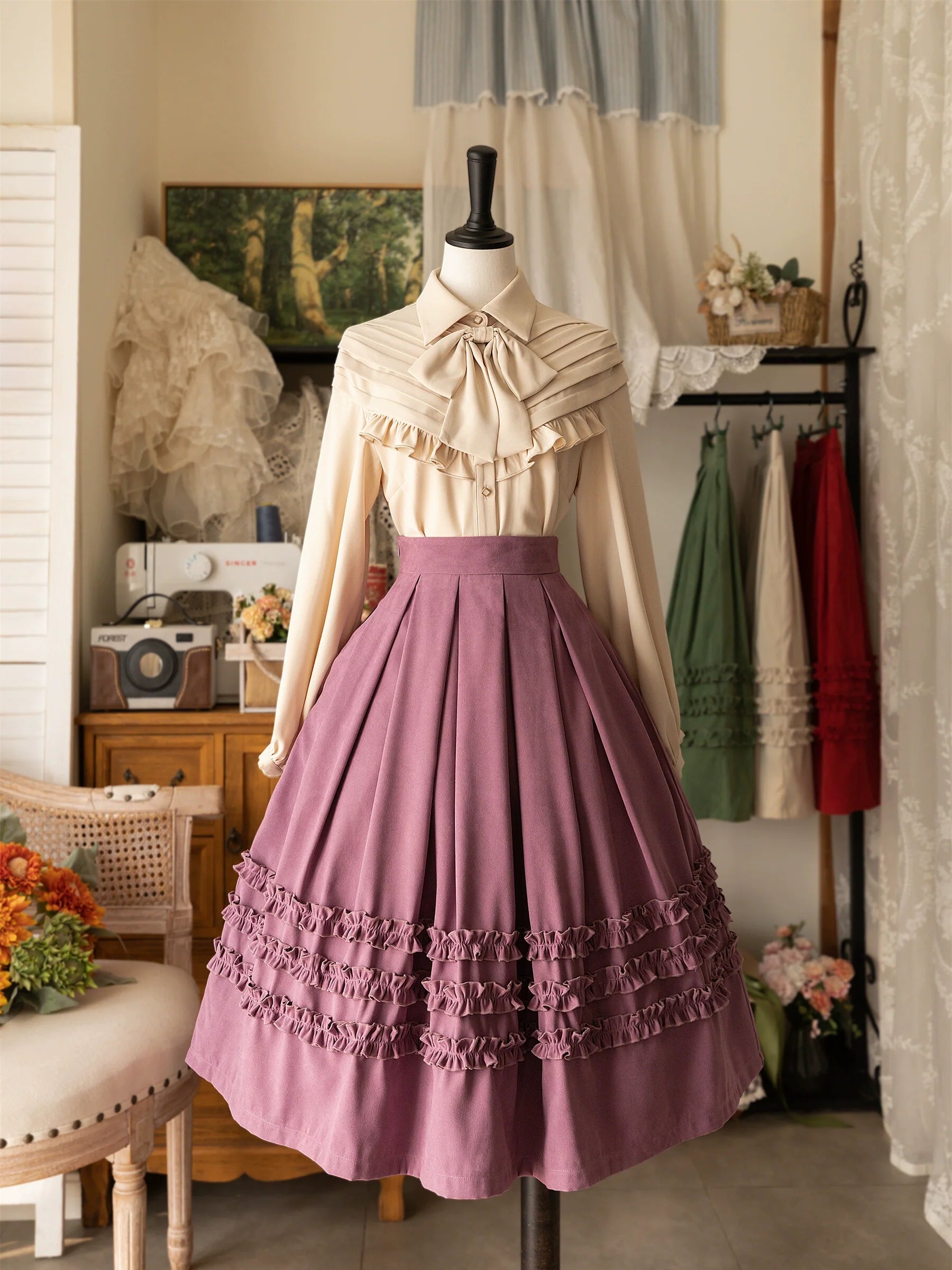Forest Basket Elegant Lolita Blouse with Vintage Bow Tie - image 13