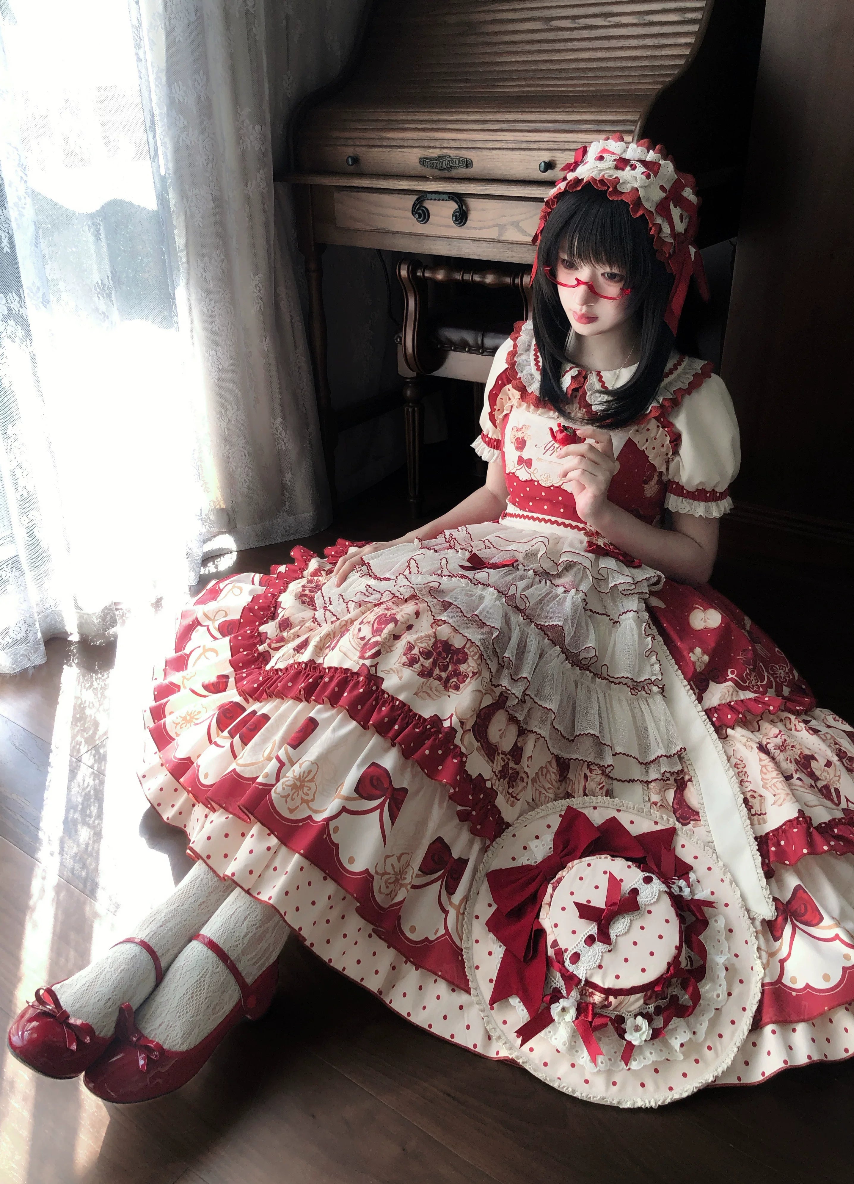 A Red Apple - Sweet Lolita JSK Dress, Tiered Hem Apron and Accessories - image 7