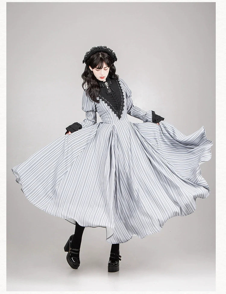 Nocturne SP - Striped Gothic Lolita OP Twin Lolita Dress with Apron and Accessories - image 26