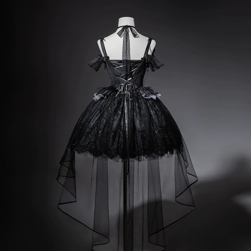Star Swan Dream - Black Gothic Lolita JSK Dress, Swan Embroidery - image 3
