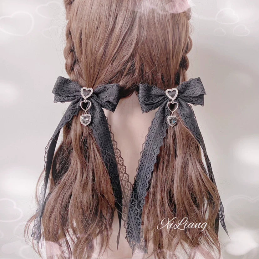 Black Lace Bow Rhinestone Lolita Hair Clip and Brooch - image 2
