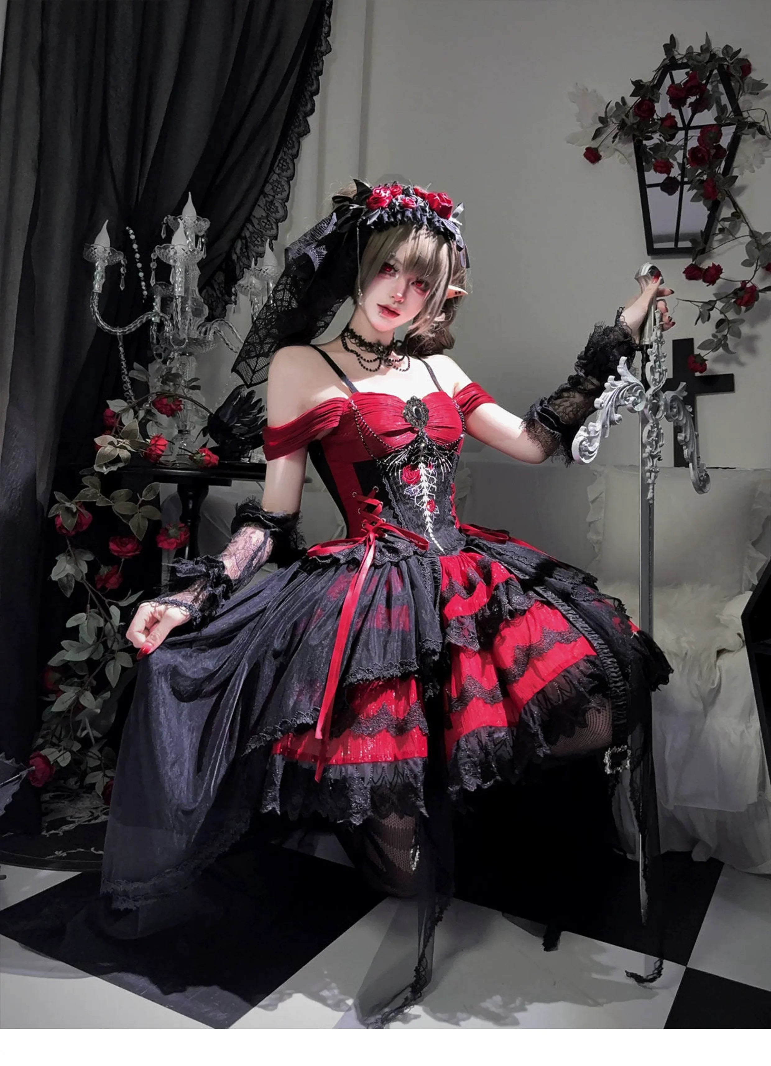 Eternal Thorn of the Dragonbone - Embroidered Gothic Lolita JSK Dress, Off-Shoulder and Accessories - image 13