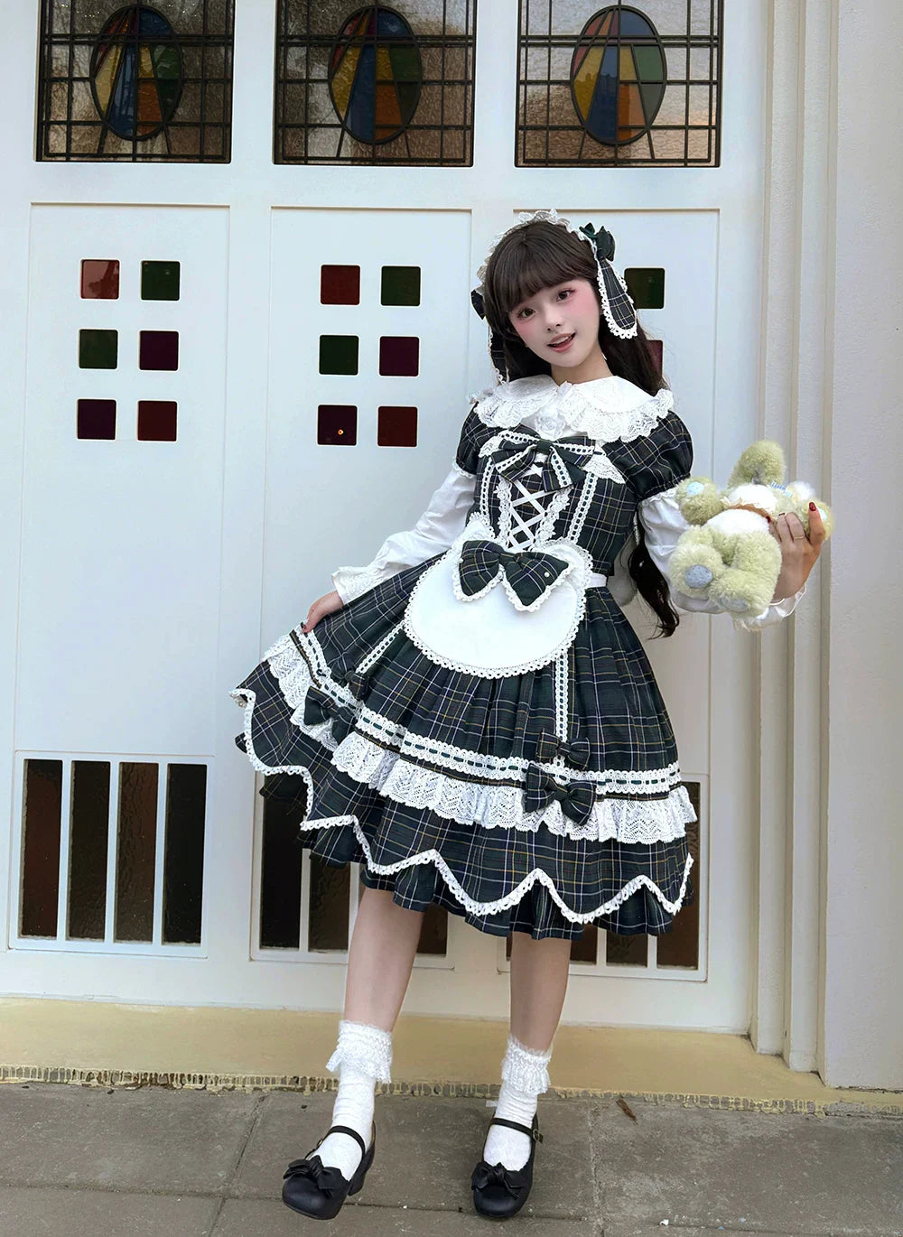 Plaid Petal Bunny - Old School Lolita Plaid OP Dress, Petal-shaped Hem - image 6
