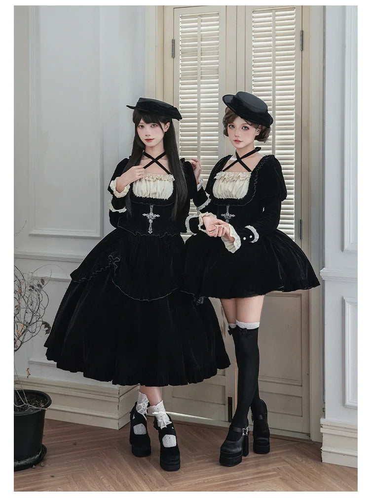 Apocalypse - Gothic Lolita Velvet OP Dress Set, Fishbone Waist - image 8