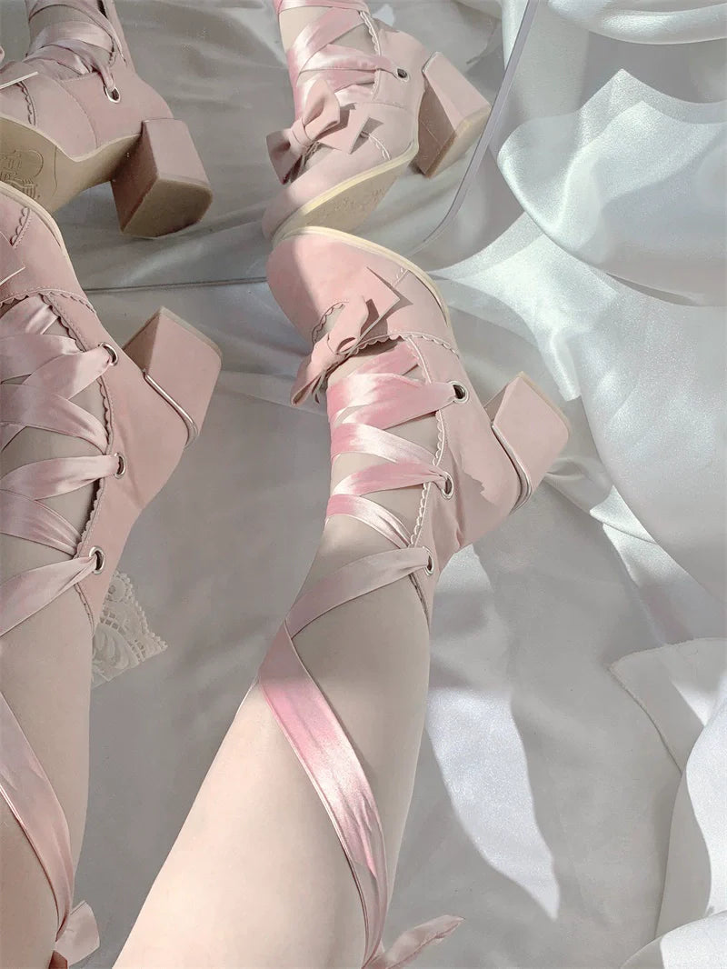 Muse Kiss - Elegant Lolita Shoes Lace-up Bow Heels Round Toe - image 29