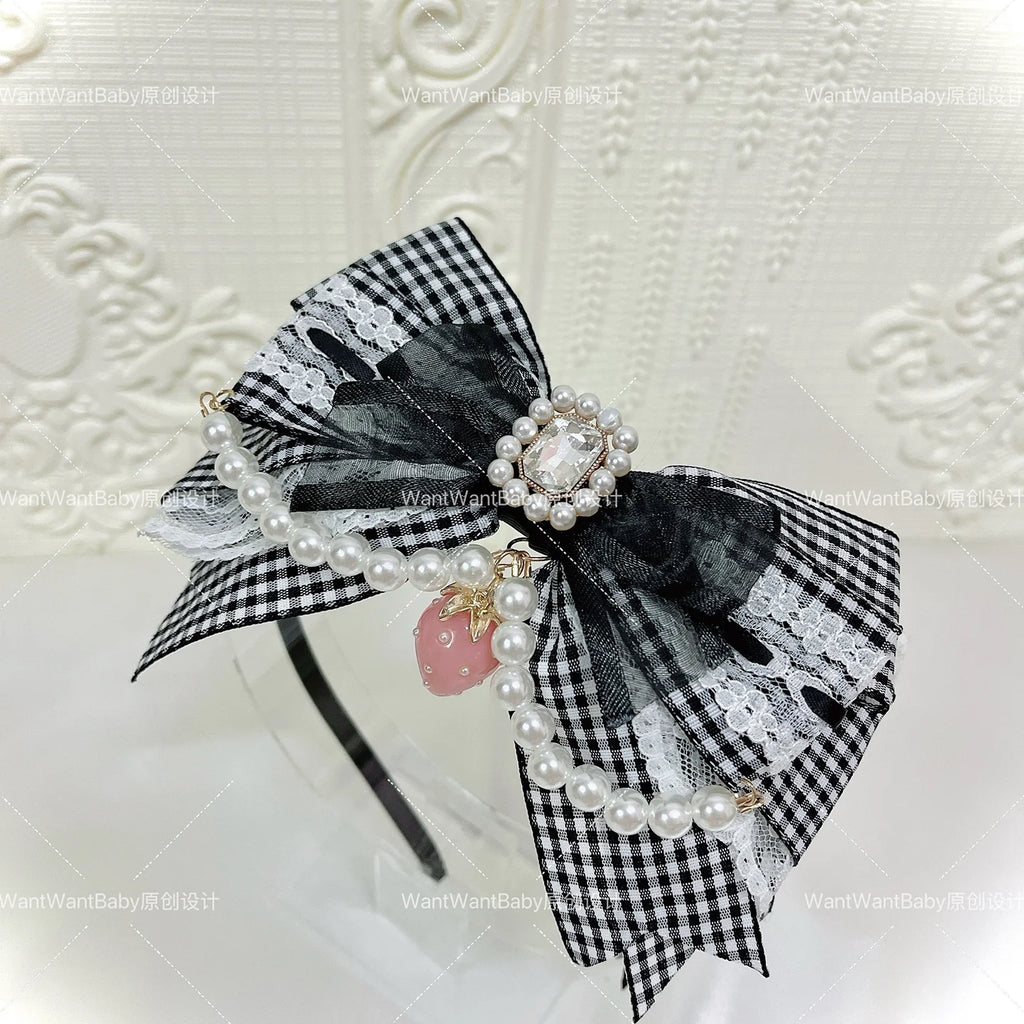 Plaid Strawberry Adjustable Bow Lolita Headband - image 4