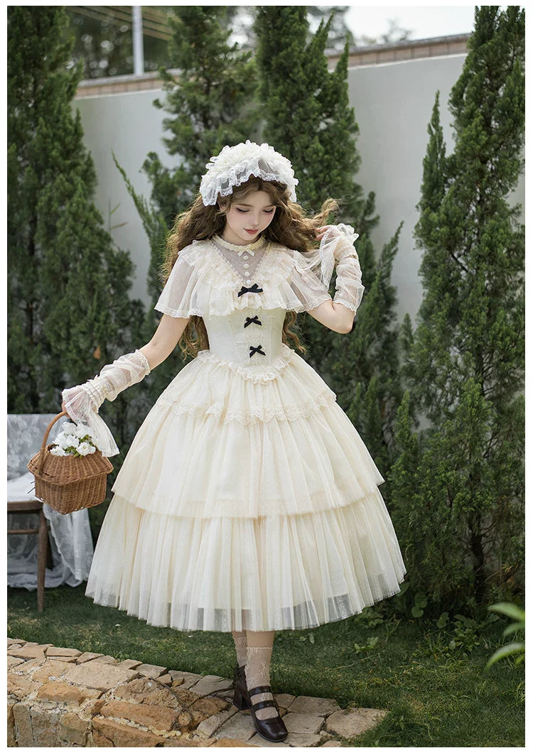 White Mist Promise - Classic Lolita Corset OP Set, Edwardian Collar & Tiered Hem - image 26