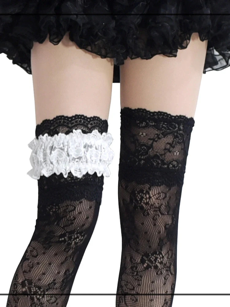 Wuxiaoliu Gothic Lolita Lace Stockings with Bow Garter - image 4