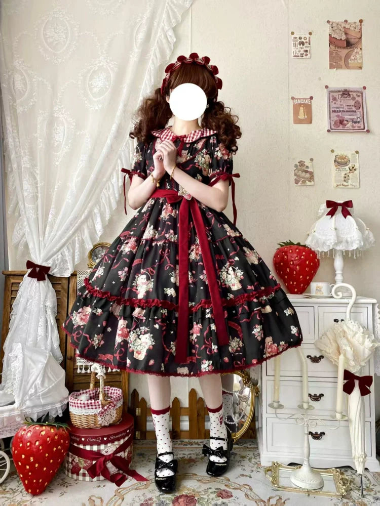 The Bear's Strawberry Field - Daily Lolita OP Dress With Petal Collar & Bear Strawberry Print and Accessories - image 7