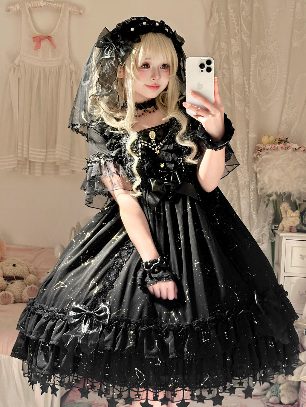 Whisper of Stars - Vintage Lolita Black OP Dress, Constellation-Themed - image 3