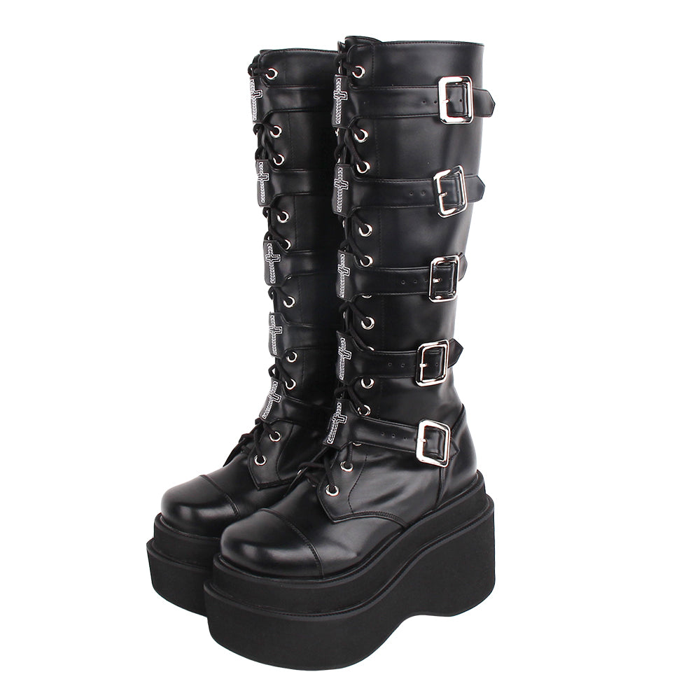 J-fashion Punk Lolita Classic Black High Boots - image 1