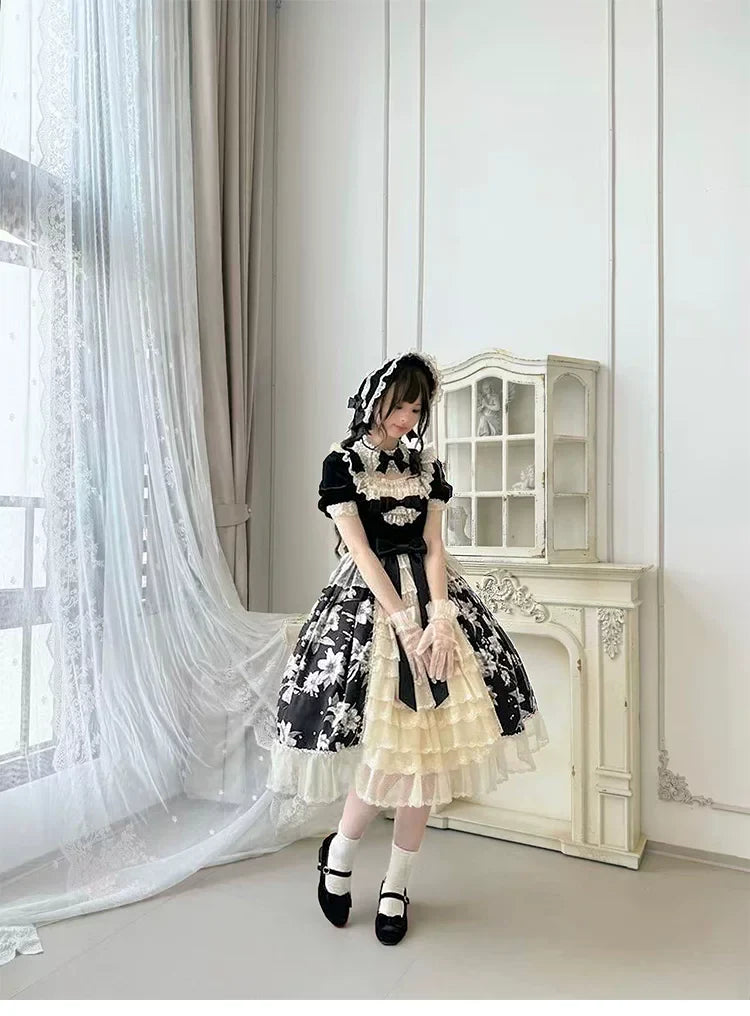 Spring of Golden Lily - Satin Classic Lolita Lily Print Dress, Front Opening and Accessories - image 5