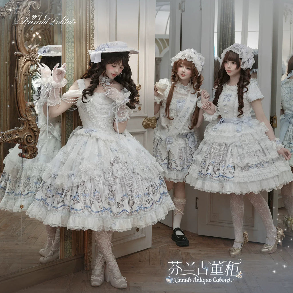Finnish Antique Cabinet - Sweet Lolita Antique Cabinet Printed OP & JSK Dress with Bows - image 14