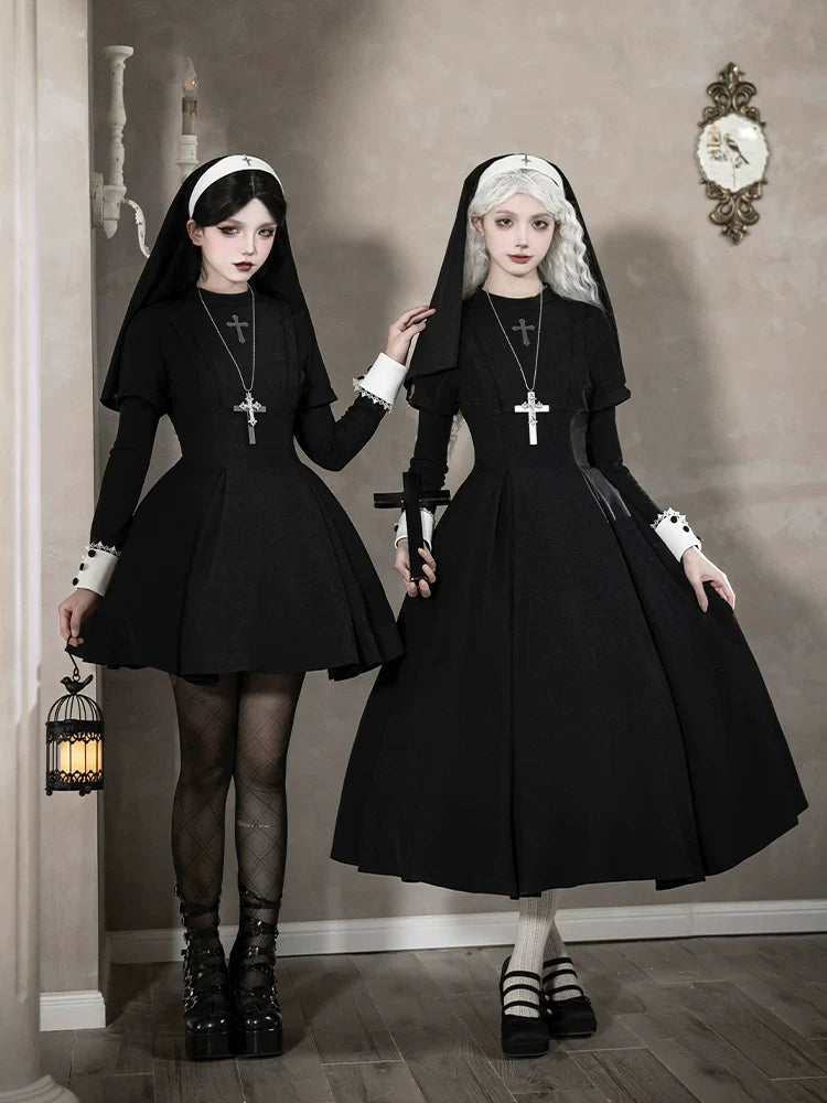 Nihil - Gothic Nun Lolita OP Dress, Irregular Hem Cape and Accessories - image 1
