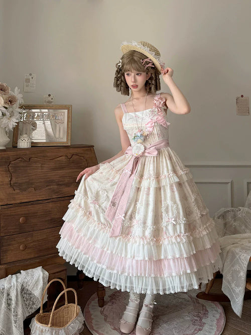 Bloom Lamb - Classic Lolita Embroidered JSK Dress, Tiered Hem - image 1