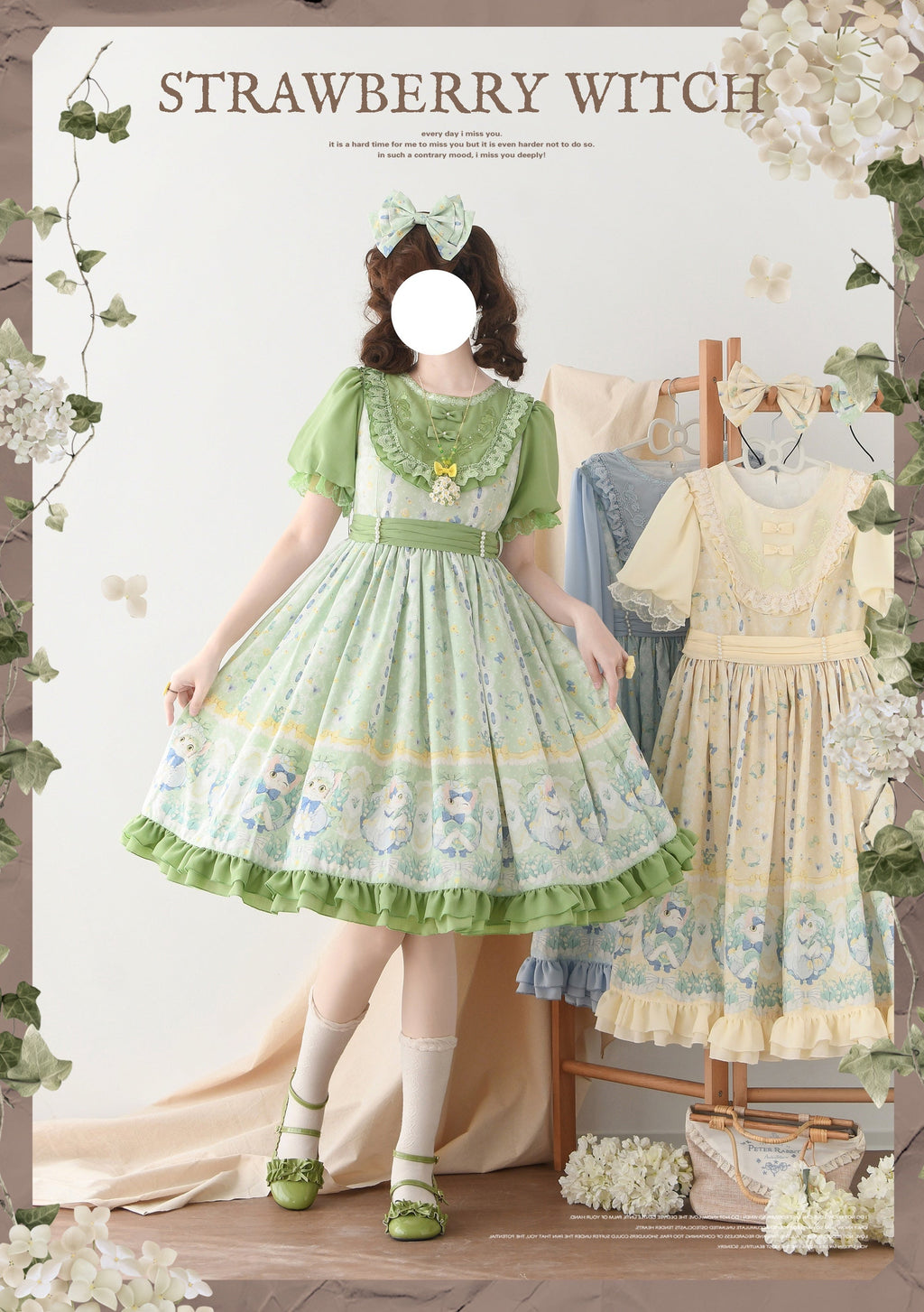 Lily of the Valley Kitten - Country Lolita OP with Embroidery and Cat Print - image 1