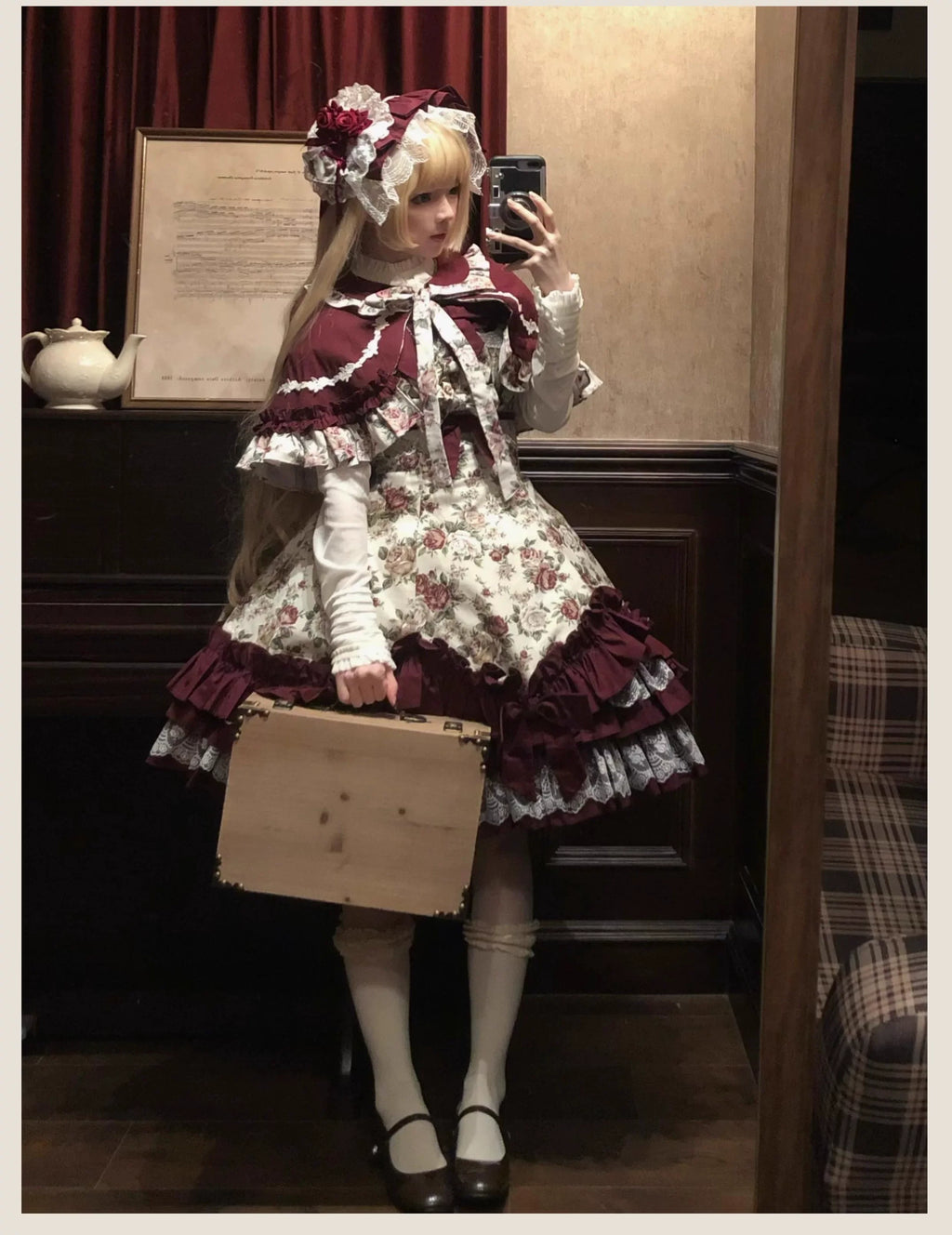 Burgundy Rose - Floral Printed Old School Lolita JSK, Elegant Cape and Accessories - image 10