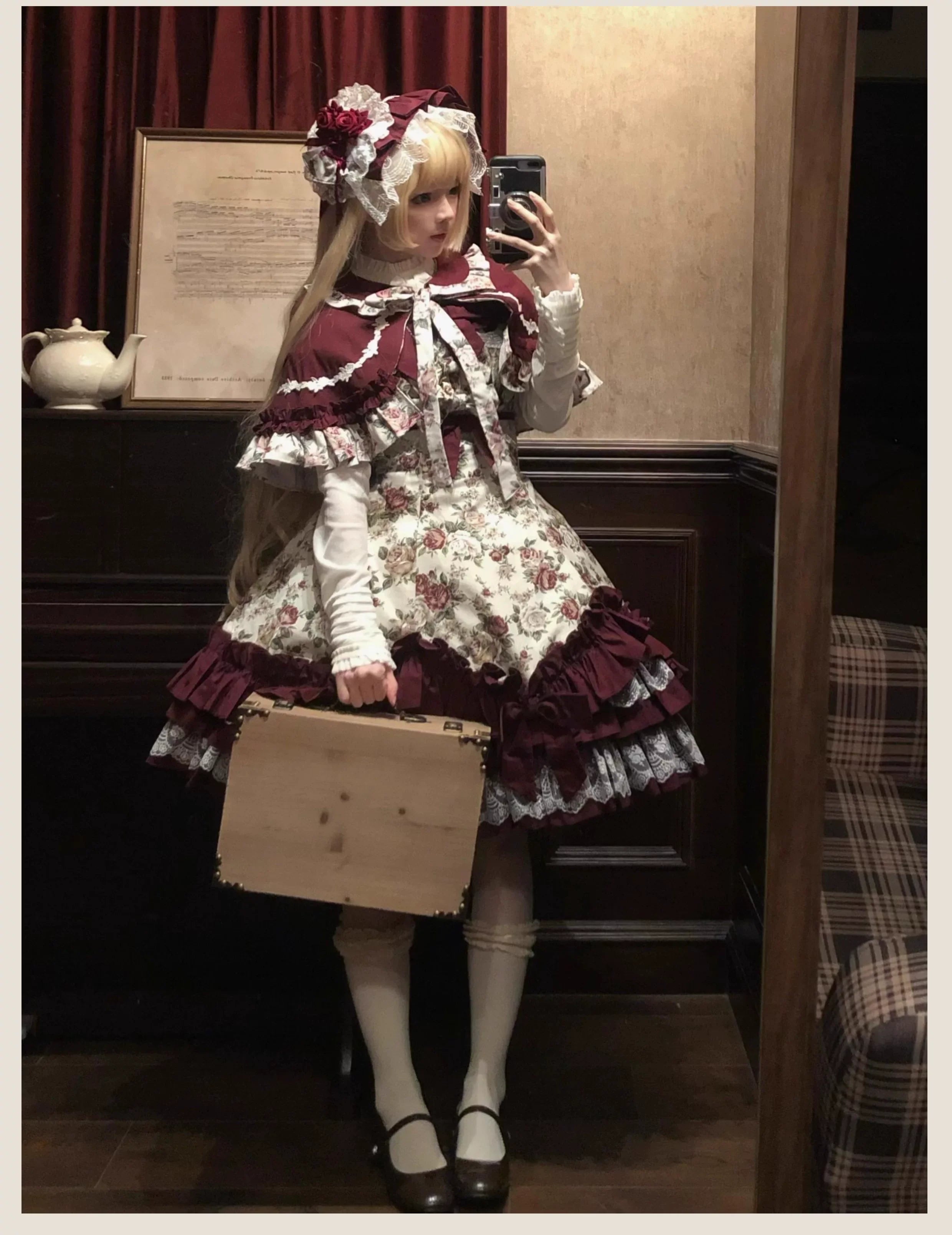 Burgundy Rose - Floral Printed Old School Lolita JSK, Elegant Cape and Accessories - image 10