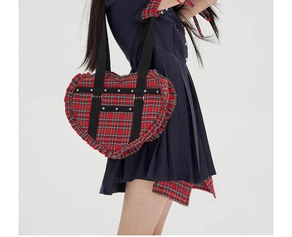 Vintage Lolita Heart Shaped Plaid Dot Print JK Uniform Bag - image 26