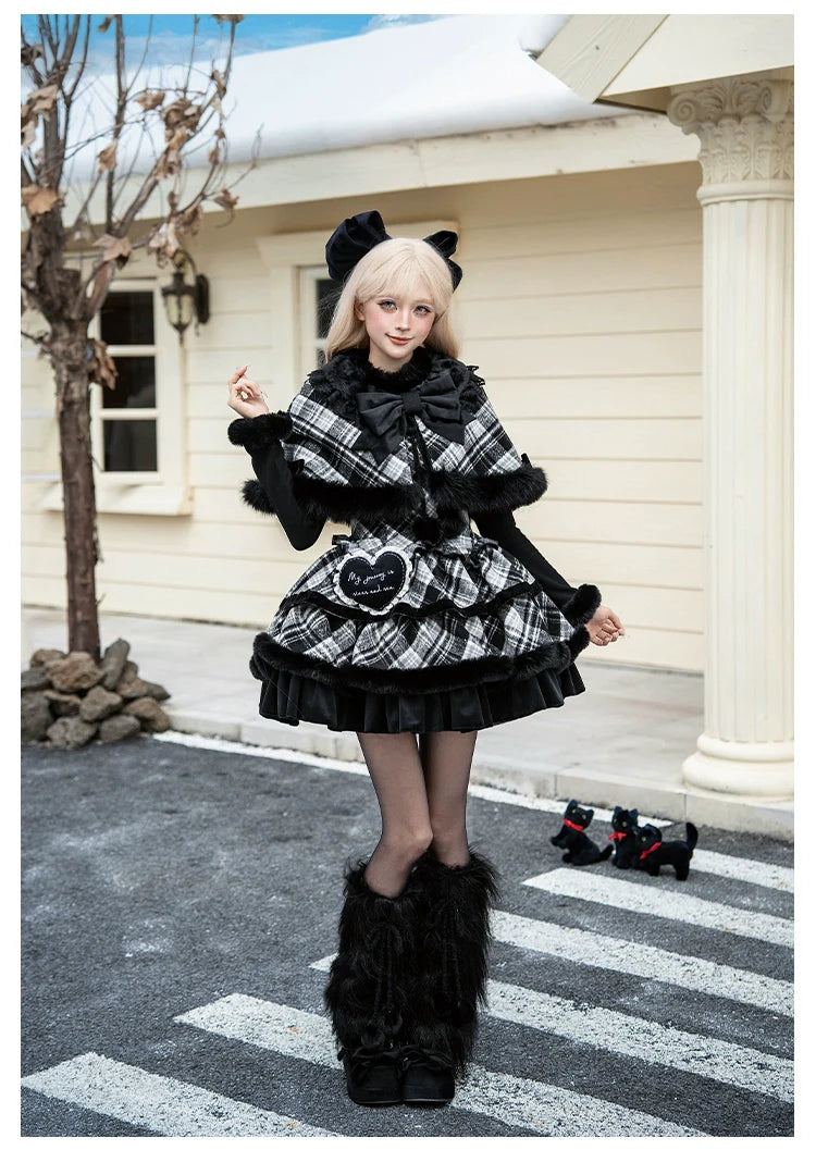 Snow Night Serenade - Fluffy Plaid Kawaii Lolita JSK, Reversible Cape and Accessories - image 12