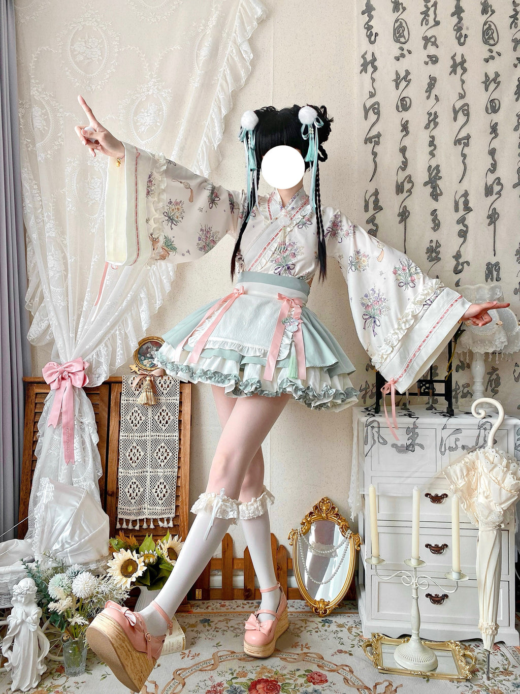 Little Herbalist - Han Lolita Skirt Outfit with Cross-collar Blouse and Apron - image 14