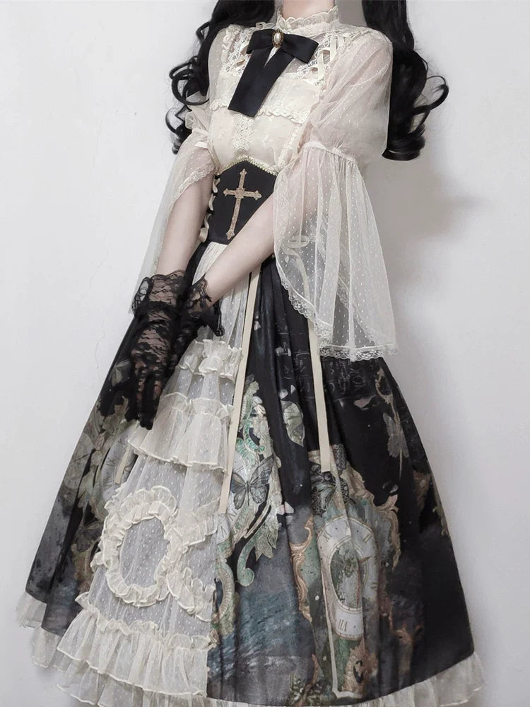 Clock Butterfly - Gothic Lolita Printed Blouse and Corset Skirt Set - image 13