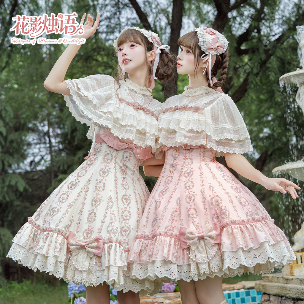 Whispers of Blossoms & Candlelight - Sweet Lolita Floral Printed JSK Dress with Bows and Accessories - image 11
