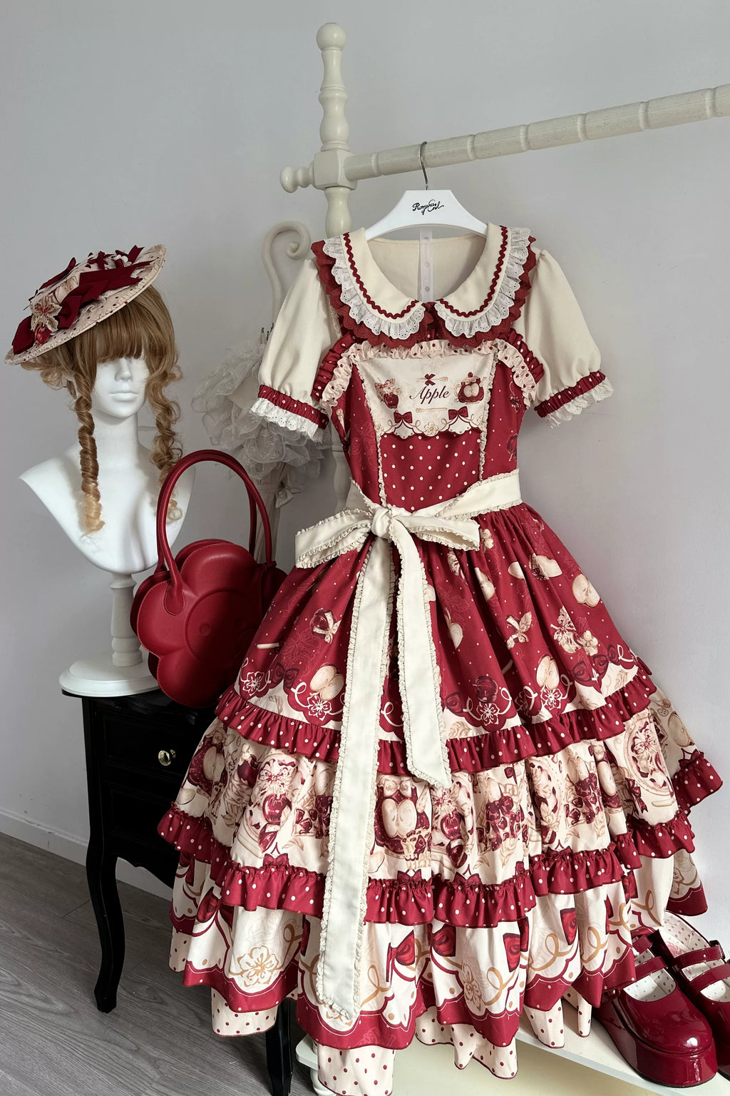 A Red Apple - Sweet Lolita JSK Dress, Tiered Hem Apron and Accessories - image 11