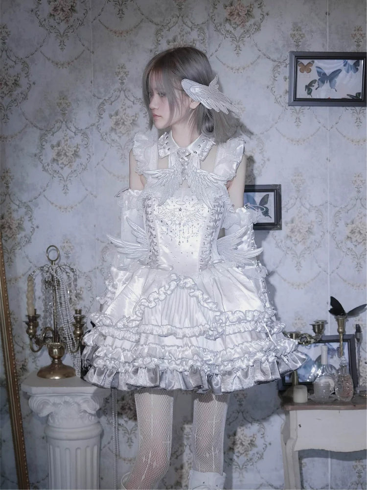 Metallic Angel - Silver-white Punk Lolita JSK, Wing and Rhinestone Details - image 4