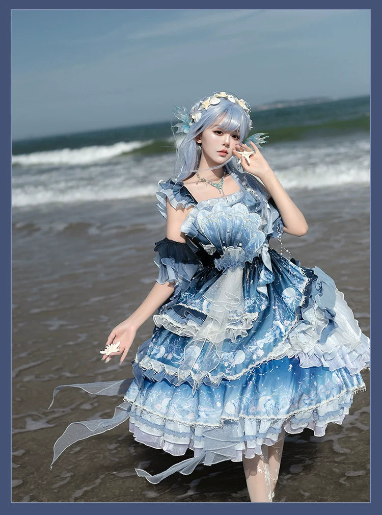 Blue Breath Jellyfish - Classic Lolita JSK Dress, Side Zipper - image 27