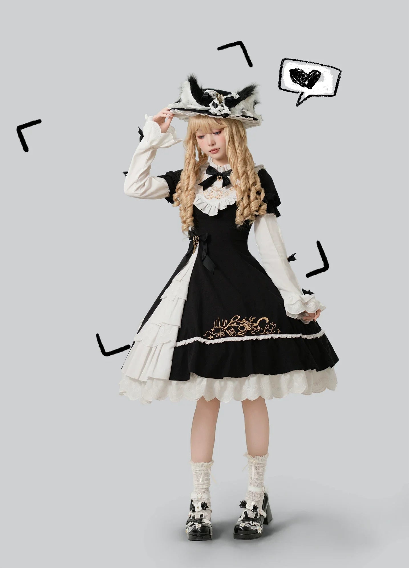 Sewing Magic Cat - Classic Lolita Six-Panel OP Dress with Embroidery and Accessories - image 3