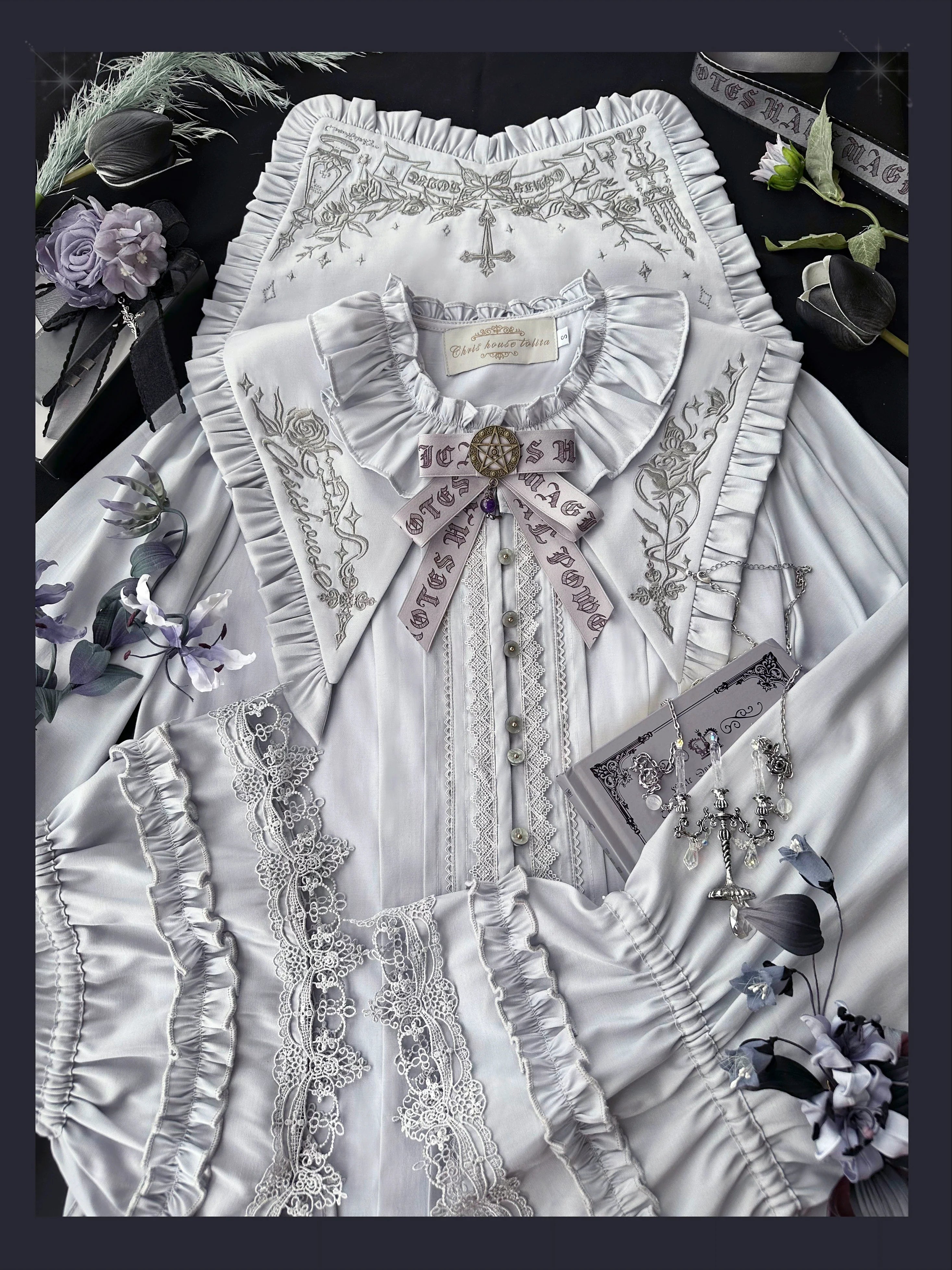 Witch Notes - Gothic Lolita Embroidered Dress Suit, Cross and Rose Print - image 33