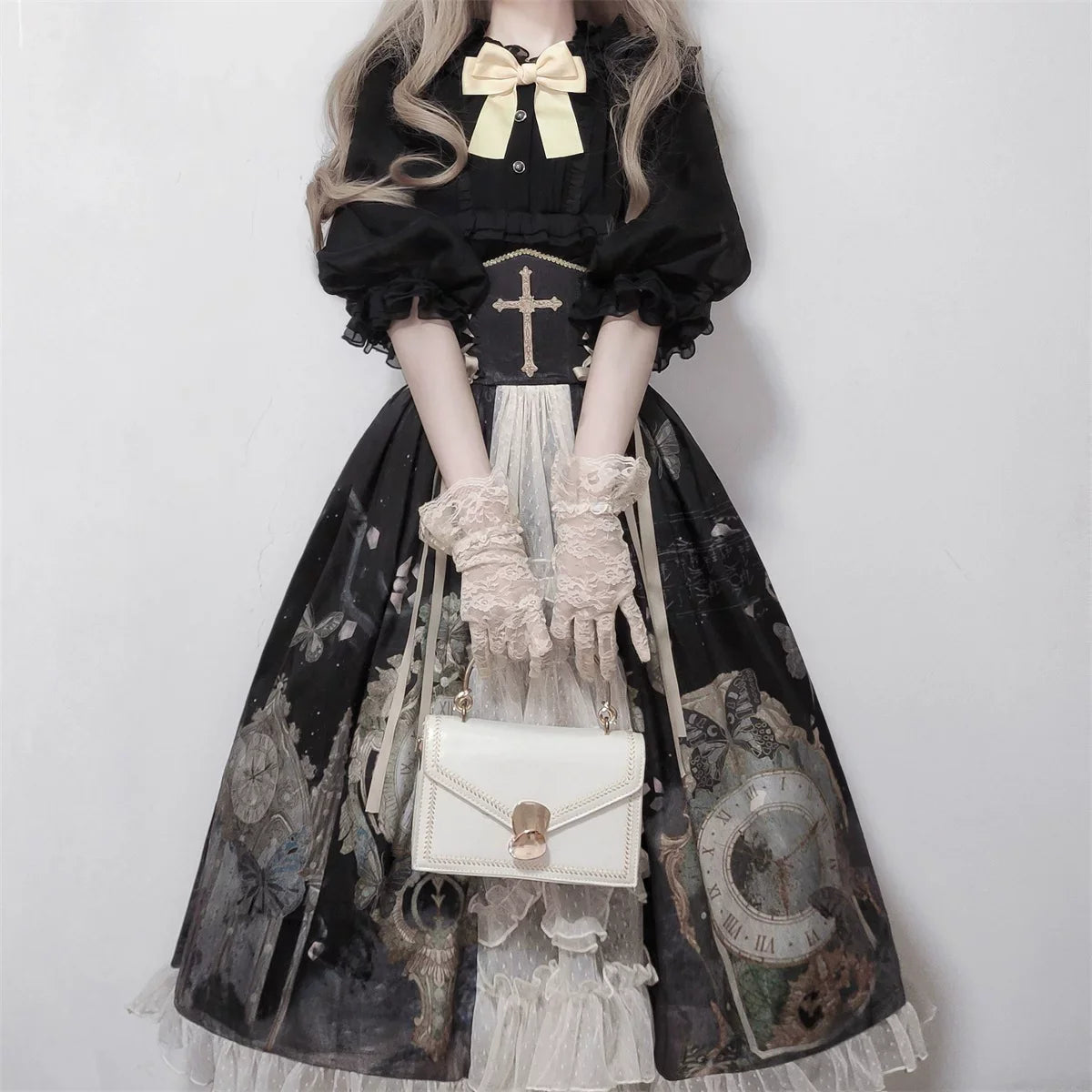 Clock Butterfly - Gothic Lolita Printed Blouse and Corset Skirt Set - image 21