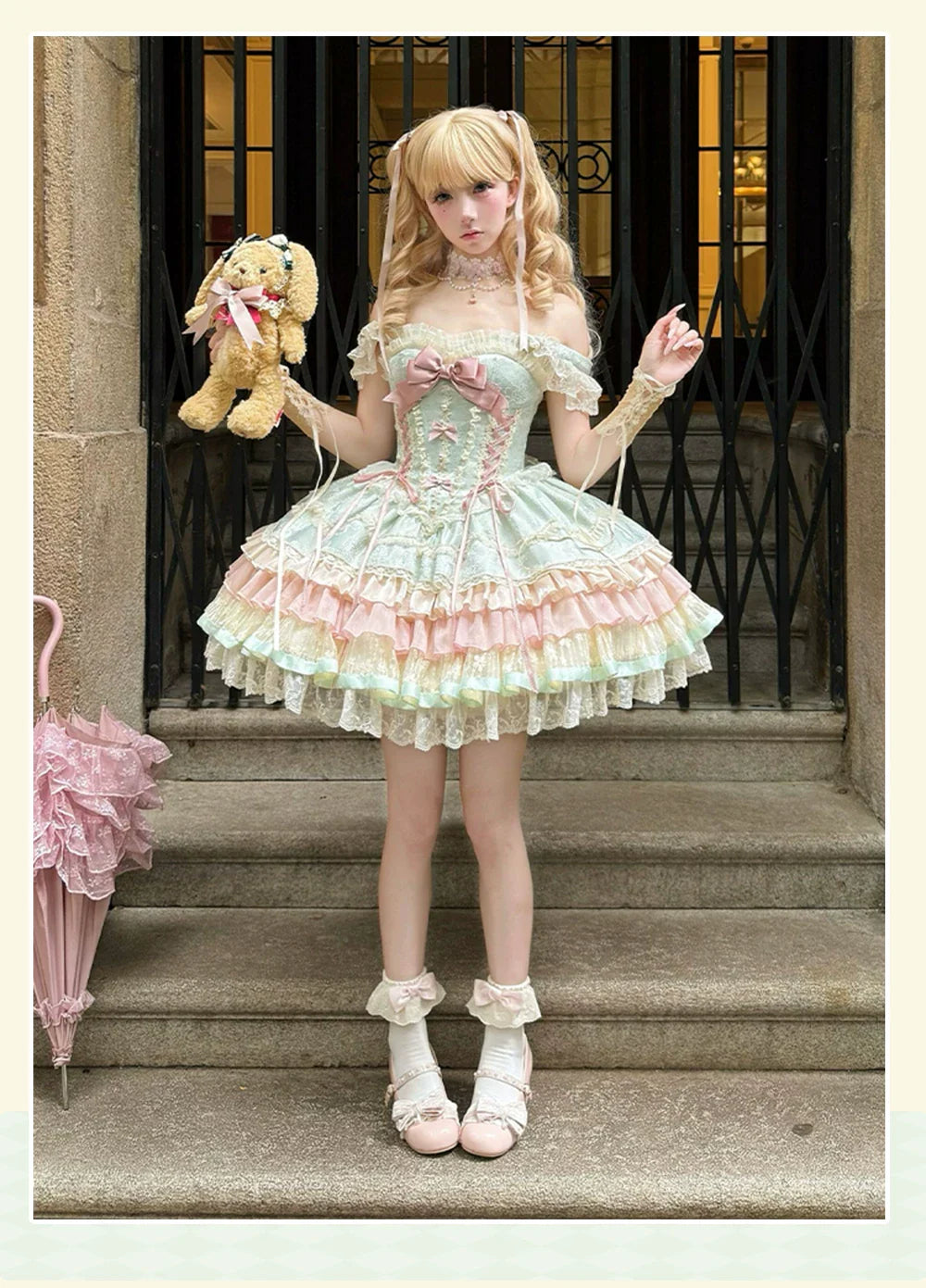 Lotus Crossing - Sweet Lolita Tiered Hem JSK Dress with Satin Bow and Accessories - image 5