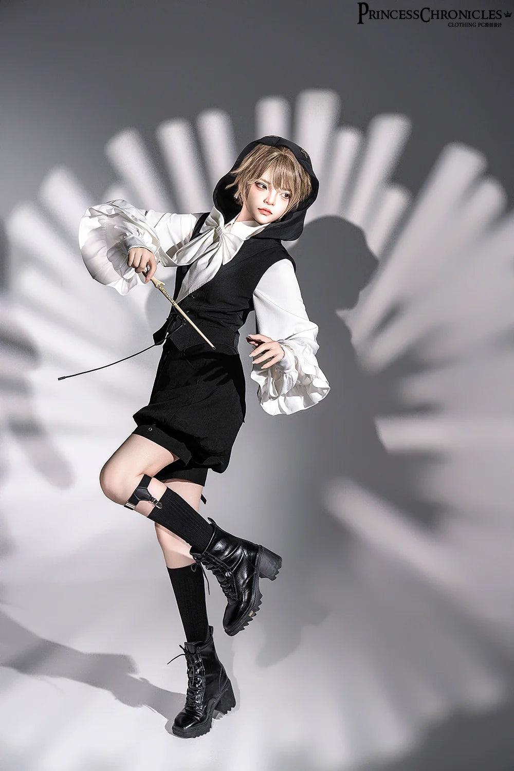 Rabbit Feather - Black Ouji Lolita Vest Shorts Suit Prince Cloak Set - image 9