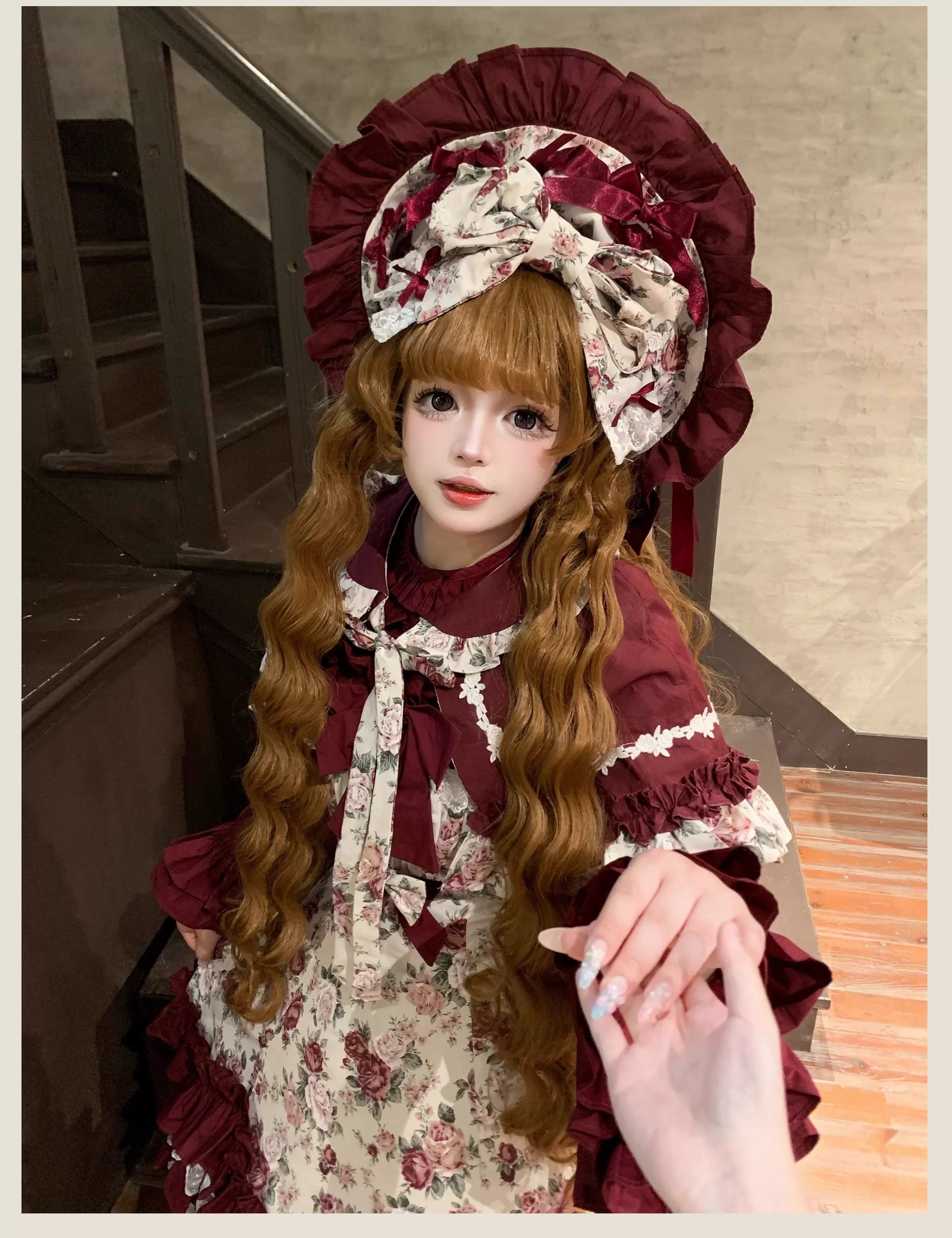 Burgundy Rose - Floral Printed Old School Lolita JSK, Elegant Cape and Accessories - image 4