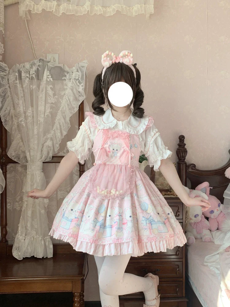 Meow Pompom - Sweet Lolita Salopette Dress Suit, Cat Print - image 8