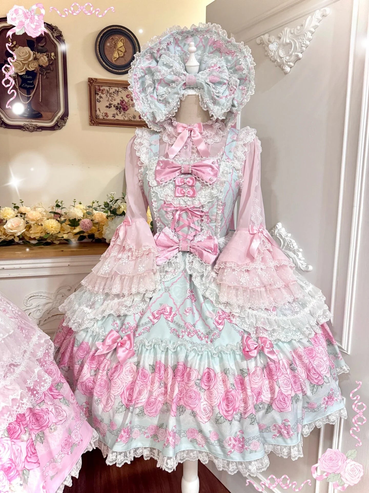 2026 Summer Rose Lattice Tiered Sweet Lolita JSK Dress with Bow Headpiece and Accessories - image 8