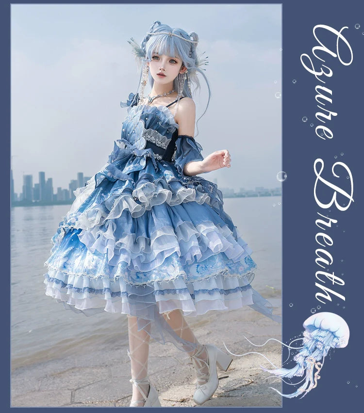 Blue Breath Jellyfish - Classic Lolita JSK Dress, Side Zipper - image 12