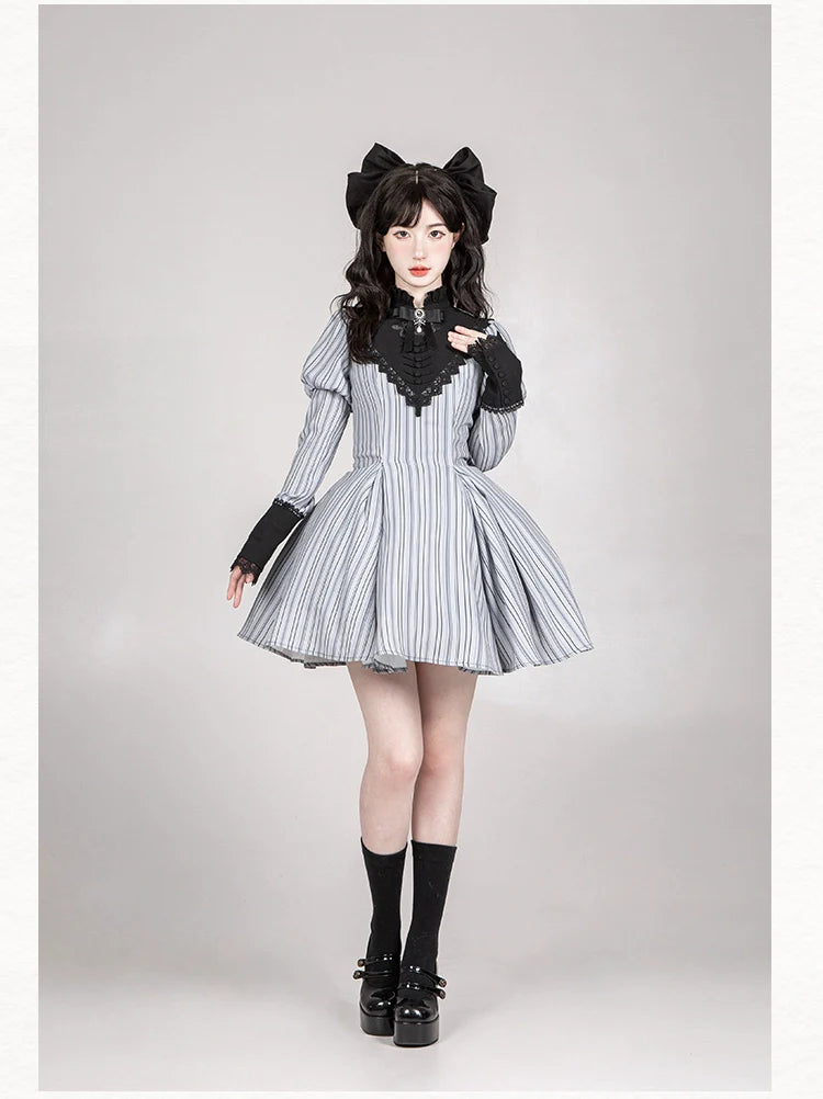 Nocturne SP - Striped Gothic Lolita OP Twin Lolita Dress with Apron and Accessories - image 31