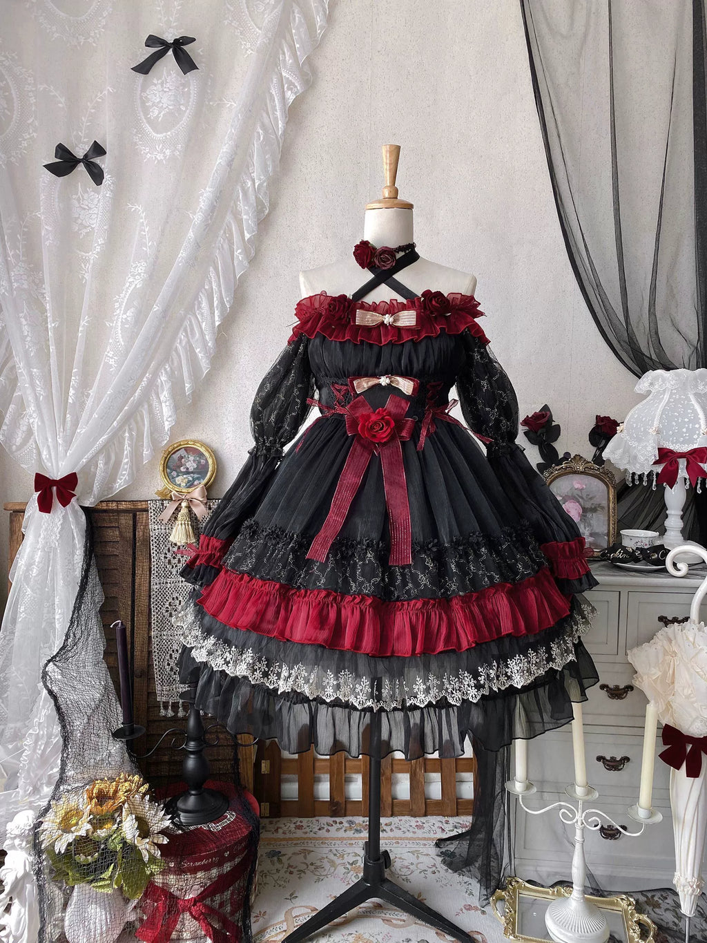 Night of Berea Gothic Lolita OP Dress in Black and Red - image 23